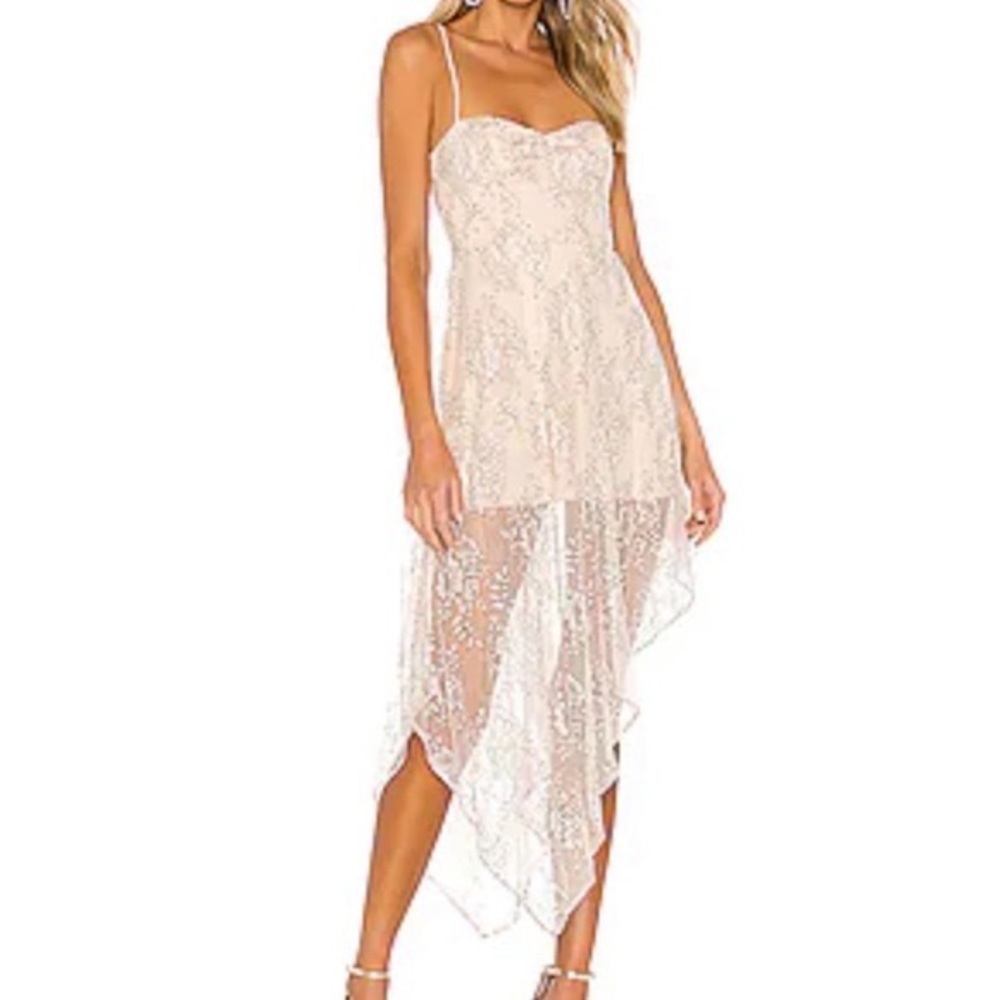 NBD Julian Sleeveless Floral Lace Asymmetric Hem Midi Dress
